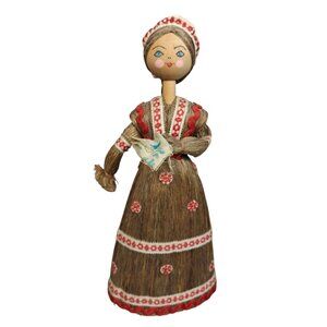 Vintage Handmade Russian Folk Art Straw Doll Braided Hair Embroidered Dress 1982